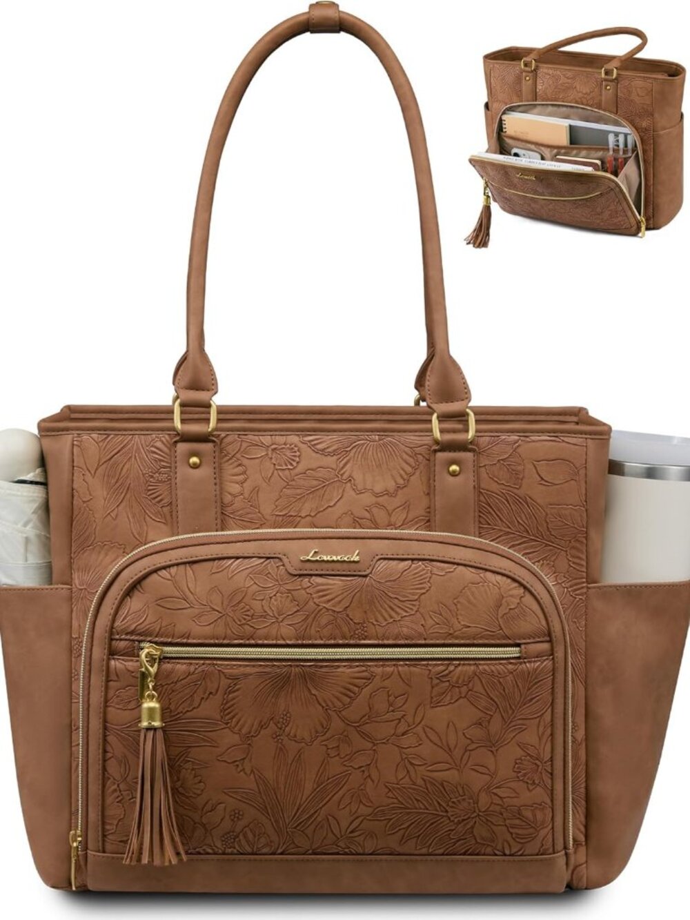 Laptop Tote Bag for Women With Large Cup Holder, Vintage Leather Work Tote Bag f
